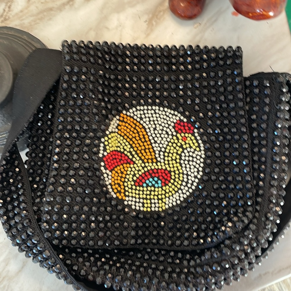 Vintage beaded chicken~messenger handbag/ purse Hong Kong ~ like new Black